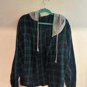 SHEIN Green Plaid Hoodie Sweatshirt